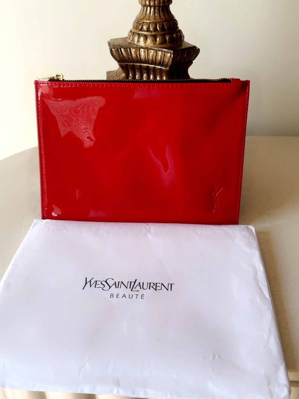 Yves Saint Laurent  Makeup  Pouch YSL Beaute Shiny RED Clutch Cosmetic NEW